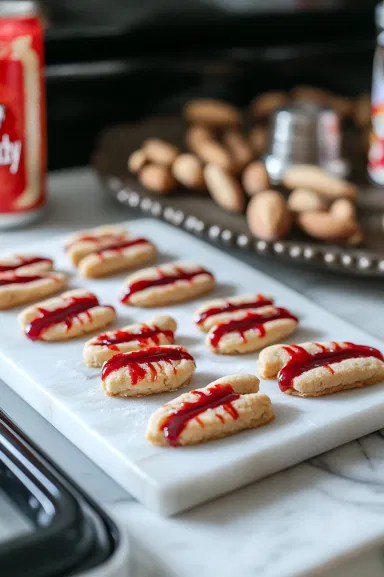 The baked cookies are being removed from the oven, and almonds are being taken out. A small dab of seedless strawberry jam or red decorating gel is placed where the almond was, creating a 'bloody' effect before the almond is replaced.