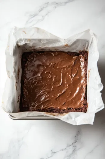 The cake mixture is poured into the lined square tin and spread evenly across the base. The tin is placed in the center of the preheated oven on the white marble cooktop, where the cake will bake for about 1 hour.