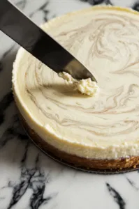 The baking pan is placed on the white marble cooktop after baking, with set edges and a slightly jiggly center, perfectly baked and ready to cool.