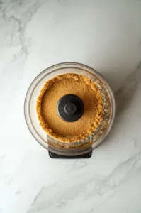 A food processor sits on the white marble cooktop, blending whole graham crackers into fine, golden crumbs within the clear processor bowl, prepared for the crust base.