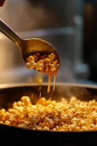 The caramel mixture is poured over the warm popcorn in the roasting pan, with a large spoon stirring to ensure each piece is evenly coated in the golden caramel.