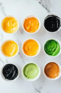 The frosting divided into several smaller bowls on the white marble cooktop, each bowl tinted with yellow, orange, green, and black food coloring, ready for decorating the cookies.