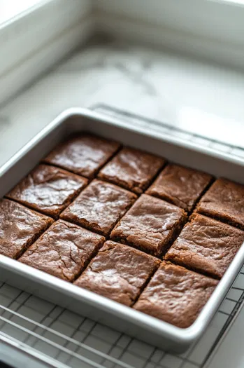 The baked cake cools completely in the tin, still resting on the white marble cooktop. Once cooled, the cake is transferred to a wire rack and sliced into 16 neat squares, ready to serve.