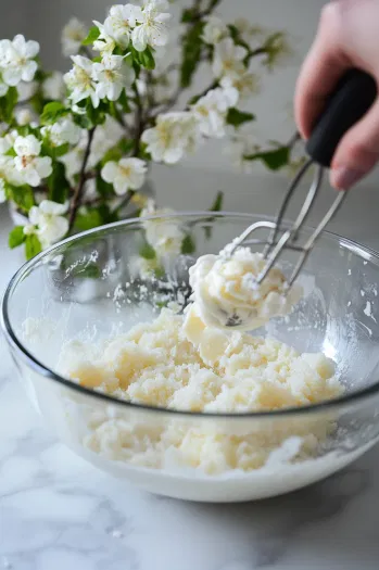 A glass mixing bowl on the white marble cooktop shows unsalted butter and sugar being creamed together using a hand mixer. The butter is soft and creamy, blending with the sugar to form a light mixture.