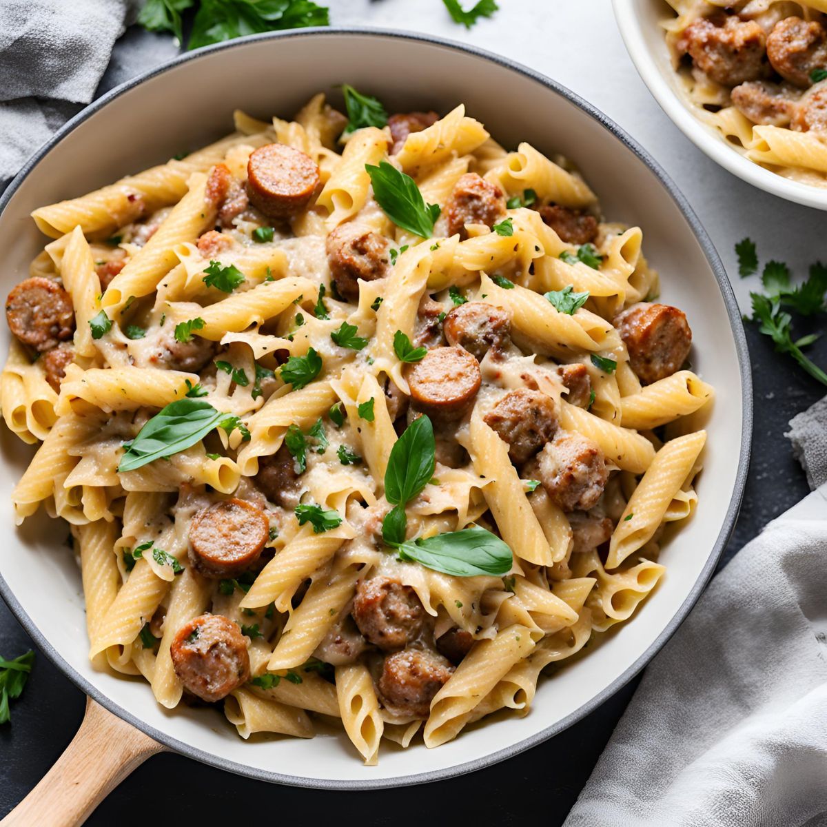 the image shows Creamy-Sausage-Pasta ready to serve