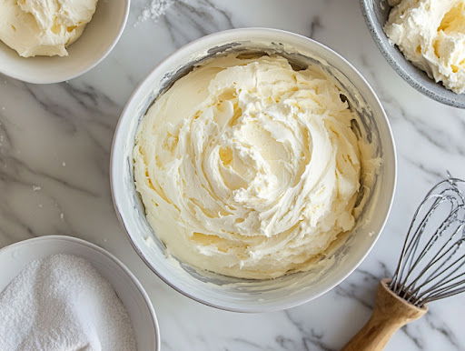 this image shows fluffy crusting buttercream in a bowl