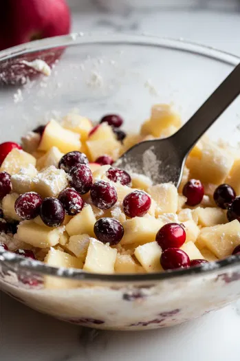 Flour is added one cup at a time into the mixture in a glass bowl on the white marble cooktop. The dough becomes crumbly as cranberries and diced apples are folded in, with a spatula resting on the side.