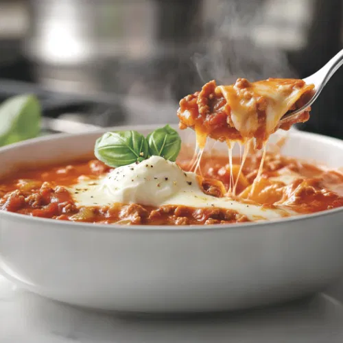 A ladle of hot lasagna soup is poured into a bowl sitting on the white marble cooktop. A dollop of the cheese mixture is placed on top, garnished with fresh basil leaves, ready to be served.