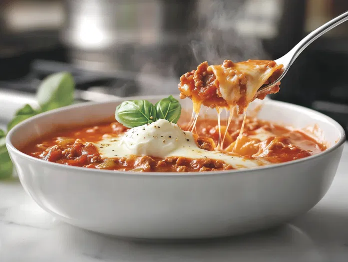 A ladle of hot lasagna soup is poured into a bowl sitting on the white marble cooktop. A dollop of the cheese mixture is placed on top, garnished with fresh basil leaves, ready to be served.