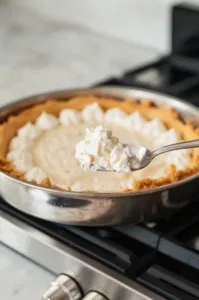 Alternating spoonfuls of plain cream cheese and pumpkin filling are dropped onto the crust in the baking pan on the white marble cooktop, creating a contrasting white and orange pattern.