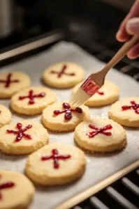 An 'X' is cut on the top of each dough shape, brushed with milk and decorated with dried cranberries and other fruits. The action takes place over the white marble cooktop.