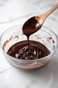 A small saucepan is placed on the white marble cooktop over low heat. Inside, light brown muscovado sugar, unsalted butter, black treacle, and golden syrup are melting together, being stirred continuously until smooth and combined.