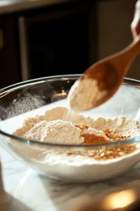 A large glass mixing bowl sits on the white marble cooktop as self-raising flour is being sieved into it. A pinch of salt, ground ginger, and fine oats are added, with a wooden spoon ready to mix all the dry ingredients together.