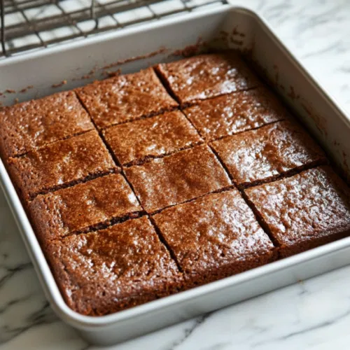 The baked cake cools completely in the tin, still resting on the white marble cooktop. Once cooled, the cake is transferred to a wire rack and sliced into 16 neat squares, ready to serve.