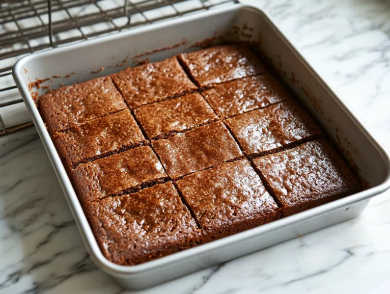 The baked cake cools completely in the tin, still resting on the white marble cooktop. Once cooled, the cake is transferred to a wire rack and sliced into 16 neat squares, ready to serve.