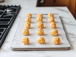 The popcorn balls cool completely on the white marble cooktop, ready to be wrapped individually in plastic wrap for storage. The golden, crispy popcorn balls are perfectly formed and ready to enjoy.