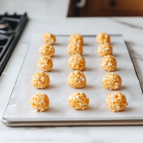 The popcorn balls cool completely on the white marble cooktop, ready to be wrapped individually in plastic wrap for storage. The golden, crispy popcorn balls are perfectly formed and ready to enjoy.