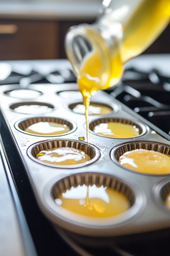 The hot muffin tin is removed from the oven and placed on the white marble cooktop. Batter is quickly poured into each cup, about ¼ cup per cup, as the hot oil sizzles.