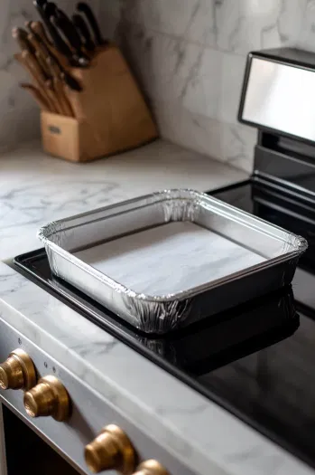 The oven is preheating to 140°C (275°F), with a 9x9 inch square tin lined with greaseproof paper placed on the white marble cooktop, ready to receive the cake batter.