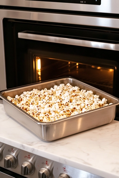 A large roasting pan, sprayed with cooking spray, is filled with popped popcorn on the white marble cooktop. The oven is preheated to 300°F (150°C), and the pan is ready to be placed inside to warm for 5 minutes.