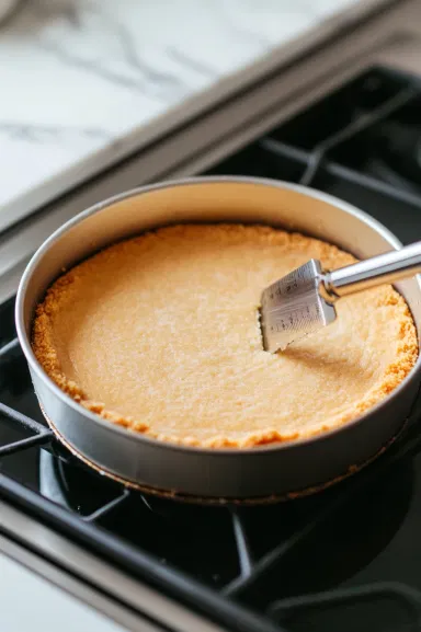 The crumb mixture is pressed evenly into the lined pan on the white marble cooktop, compact and ready for baking, using the back of a measuring cup.