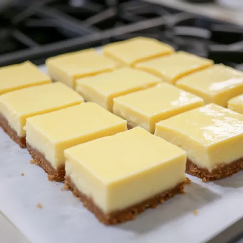 The fully cooled cheesecake sits in the fridge on the white marble cooktop, chilling for several hours to set firmly before serving.