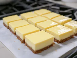 The fully cooled cheesecake sits in the fridge on the white marble cooktop, chilling for several hours to set firmly before serving.