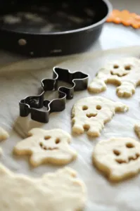 One portion of chilled dough being rolled out to 1/4-inch thickness on a lightly floured surface over the white marble cooktop. Halloween-themed cookie cutters are being used to cut out spooky shapes.