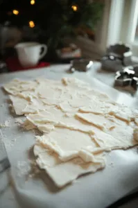 The dough is rolled out on parchment paper on the white marble cooktop, with additional flour dusted on the surface. Cookie cutters are ready to shape the dough to about 1/2 inch thick.