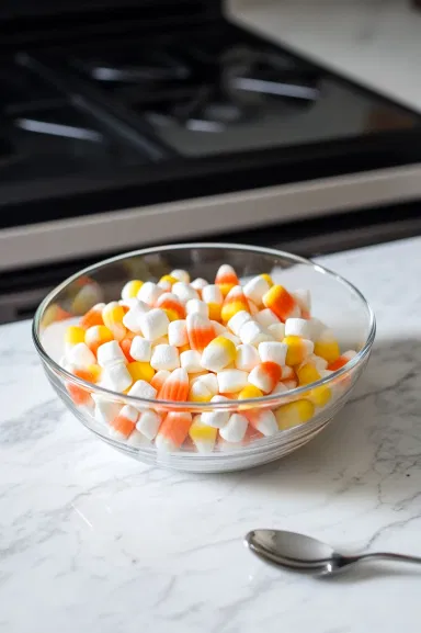 A cutting board on a white marble cooktop displays candy corn pieces, with a small, sharp knife separating the white and yellow sections. Two small glass bowls hold the separated colors, arranged neatly side by side.