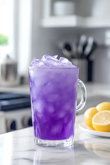 The completed grape lemonade drink, served in the glass cup over the white marble cooktop. The fizzy purple drink is ready to be enjoyed, with bubbles gently rising to the surface.