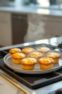 The golden brown puddings, perfectly risen, are removed from the muffin tin and placed on a serving plate on the white marble cooktop. Steam rises from the hot puddings, ready to be served immediately.