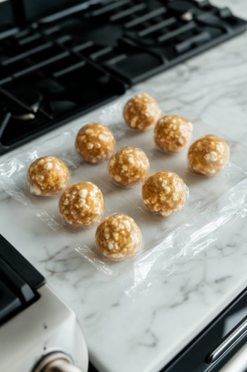 Hands covered in two plastic bags, lightly sprayed with cooking spray, gently press the caramel-coated popcorn into twelve 3-inch balls. The popcorn balls are being shaped on the white marble cooktop, holding their form.