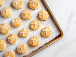 Baked treats cool on a wire rack over the white marble cooktop, with golden brown tops after the second bake of 11-14 minutes, glistening with sugar on top.