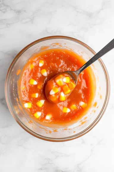 An overhead view on the white marble cooktop shows a spoon stirring the melted candy corn and marshmallow mixture in a glass bowl, creating a smooth, glossy blend.