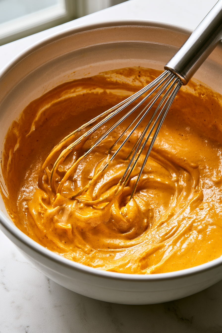 In a separate bowl, whisk together 15 ounces of pumpkin pie mix, 4 large eggs, 1/4 cup of sour cream, 2 tablespoons of flour, 2 teaspoons of pumpkin pie spice, 1/4 teaspoon of salt, and 1 tablespoon of vanilla