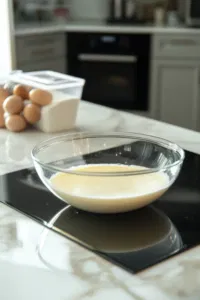 A large glass bowl on the white marble cooktop shows milk and eggs being whisked together until frothy. Surrounding the bowl are ingredients, including a container of flour, ready to be added next.