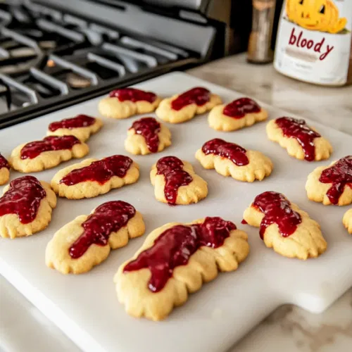 The finished finger cookies are cooling on the white marble cooktop, with the 'bloody' almond nails set in place, ready to be served for a spooky treat.