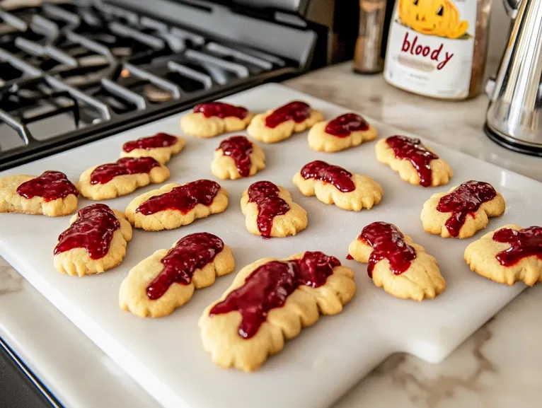 The finished finger cookies are cooling on the white marble cooktop, with the 'bloody' almond nails set in place, ready to be served for a spooky treat.