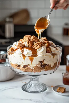 In the trifle bowl on the white marble cooktop, a layer of Biscoff custard is spread over the cake, followed by a generous drizzle of caramel sauce, adding a luscious layer to the dessert.