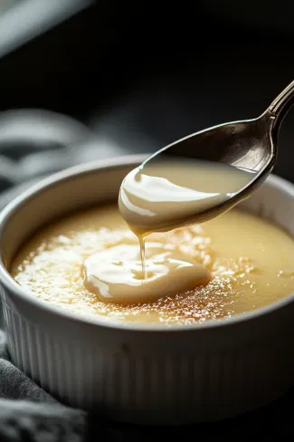 Boiling water is being carefully poured over the back of a spoon onto the pudding batter in the baking dish on the white marble cooktop, ensuring the batter remains undisturbed.