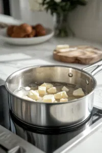 The stainless steel saucepan on the white marble cooktop shows pieces of butter being added to the melted sugar. The mixture bubbles intensely as the butter melts and combines, creating a creamy, rich texture.