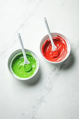 The melted fudge mixture, divided into two small bowls, sits on a white marble cooktop. One bowl has vibrant red food coloring stirred in, while the other contains a bright green hue, creating a festive holiday look with contrasting colors.