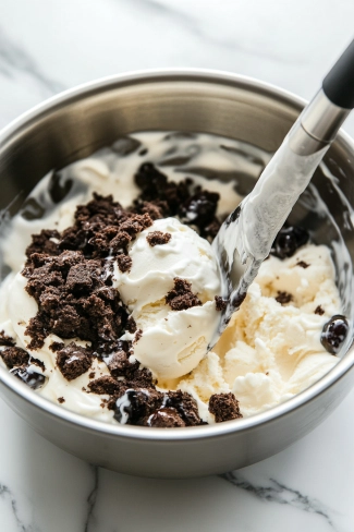 Crumbled dark fruit cake is being added to the softened vanilla ice cream in the mixing bowl on the white marble cooktop. A spatula is used to fold the ingredients together until well combined.