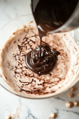 Melted dark or milk chocolate is poured over the frozen pudding on the white marble cooktop, evenly spreading into a glossy, smooth coating. The pudding is then placed back in the freezer.