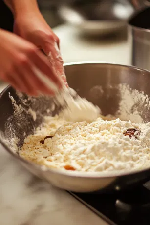 In the mixing bowl on the white marble cooktop, sifted self-raising flour, baking powder, bicarbonate of soda, and mixed spice are mixed in, creating a smooth batter. The softened dates (with liquid) and brandy-soaked dried fruits are folded in, blending the ingredients for a flavorful pudding.