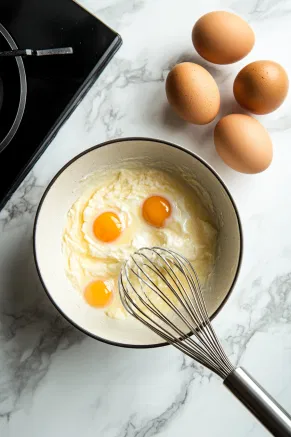 Eggs being cracked and added one at a time into the sugar-yogurt mixture in a mixing bowl on the white marble cooktop, with a whisk nearby.