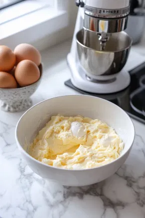 Eggs being cracked and added into the cream cheese mixture in the bowl on the white marble cooktop, with the mixer placed nearby, ready for action.