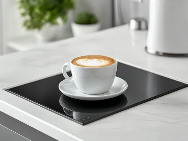 The finished café latte is displayed in a cup on the white marble cooktop, topped with a spoonful of velvety foam, ready to be served and enjoyed.