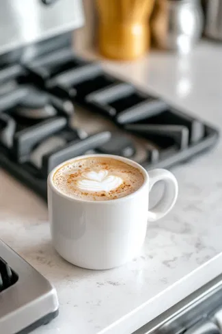 The finished café latte is displayed in a cup on the white marble cooktop, topped with a spoonful of velvety foam, ready to be served and enjoyed.